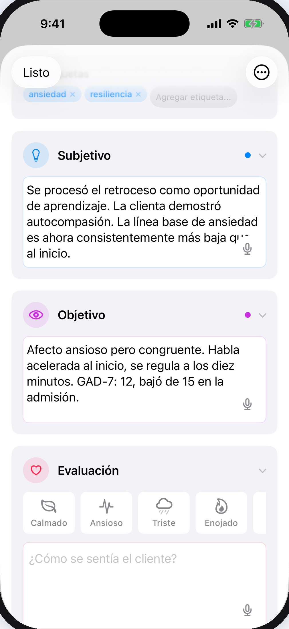 Nota SOAP en AfterSession con secciones clínicas