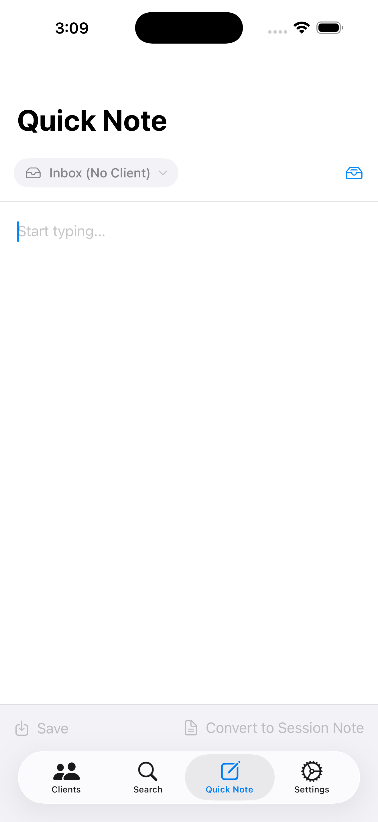 AfterSession quick note inbox for capturing thoughts between sessions