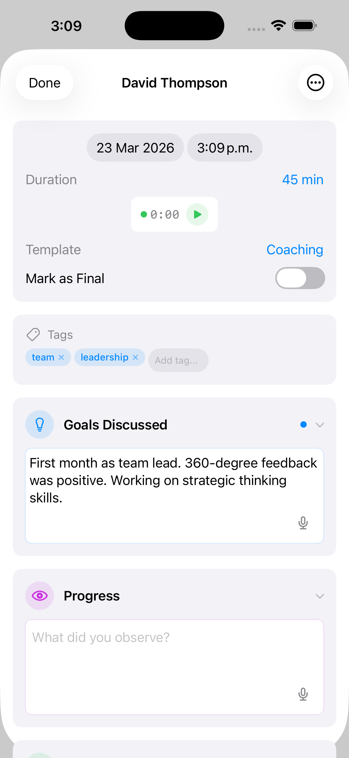 AfterSession structured session notes with coaching template